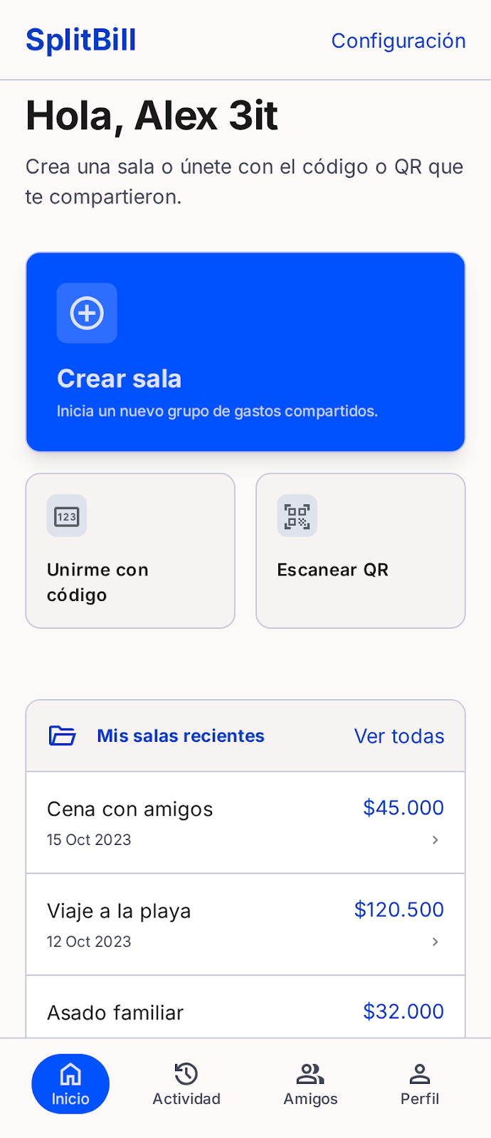 Pantalla de inicio de SplitBill