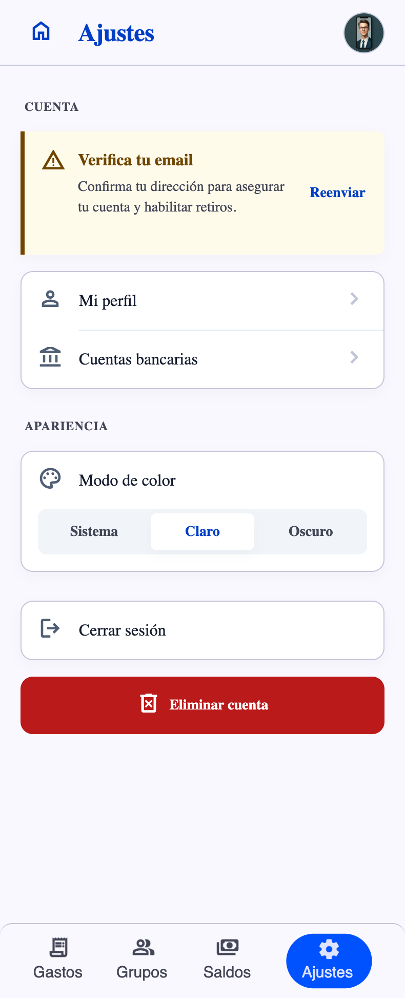 Pantalla de ajustes de SplitBill